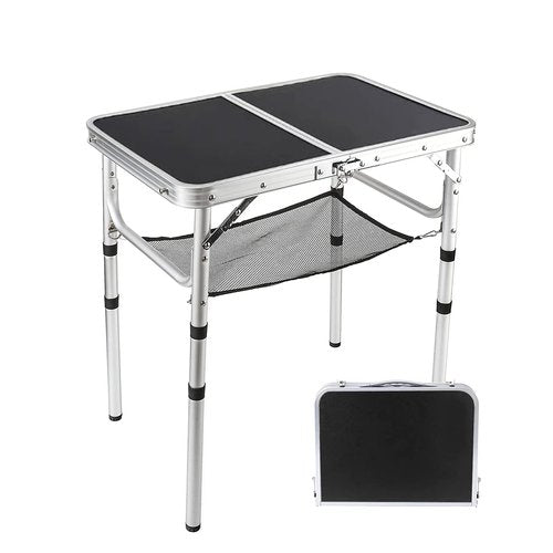 YUFIFAIRY Small Folding Table 2 Foot, Portable Camping Table with Mesh Holders,Lightweight Aluminum Adjustable Height, with Carry Handle for Camping Picnic Indoor Outdoor, White 24 x 16 inch (Black