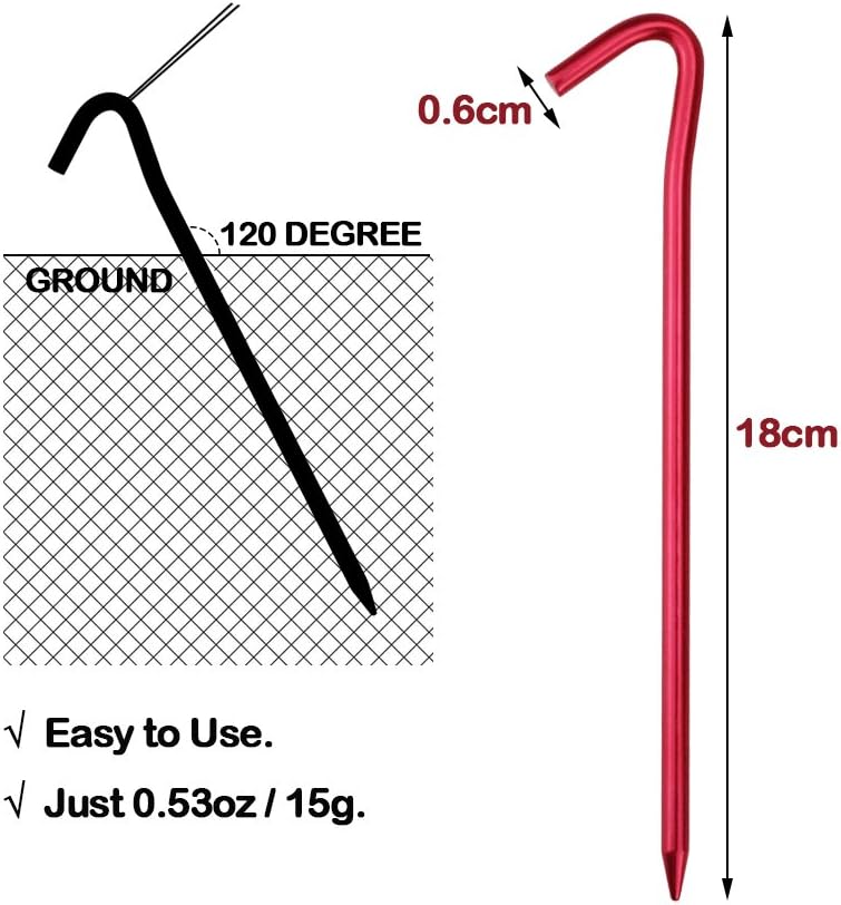 7075 Aluminum Tent Stakes 20 Pack - Ultralight 7 Inch Hook Tent Pegs with Carrying Pouch - Made for Camping Trip, Hiking and Gardening