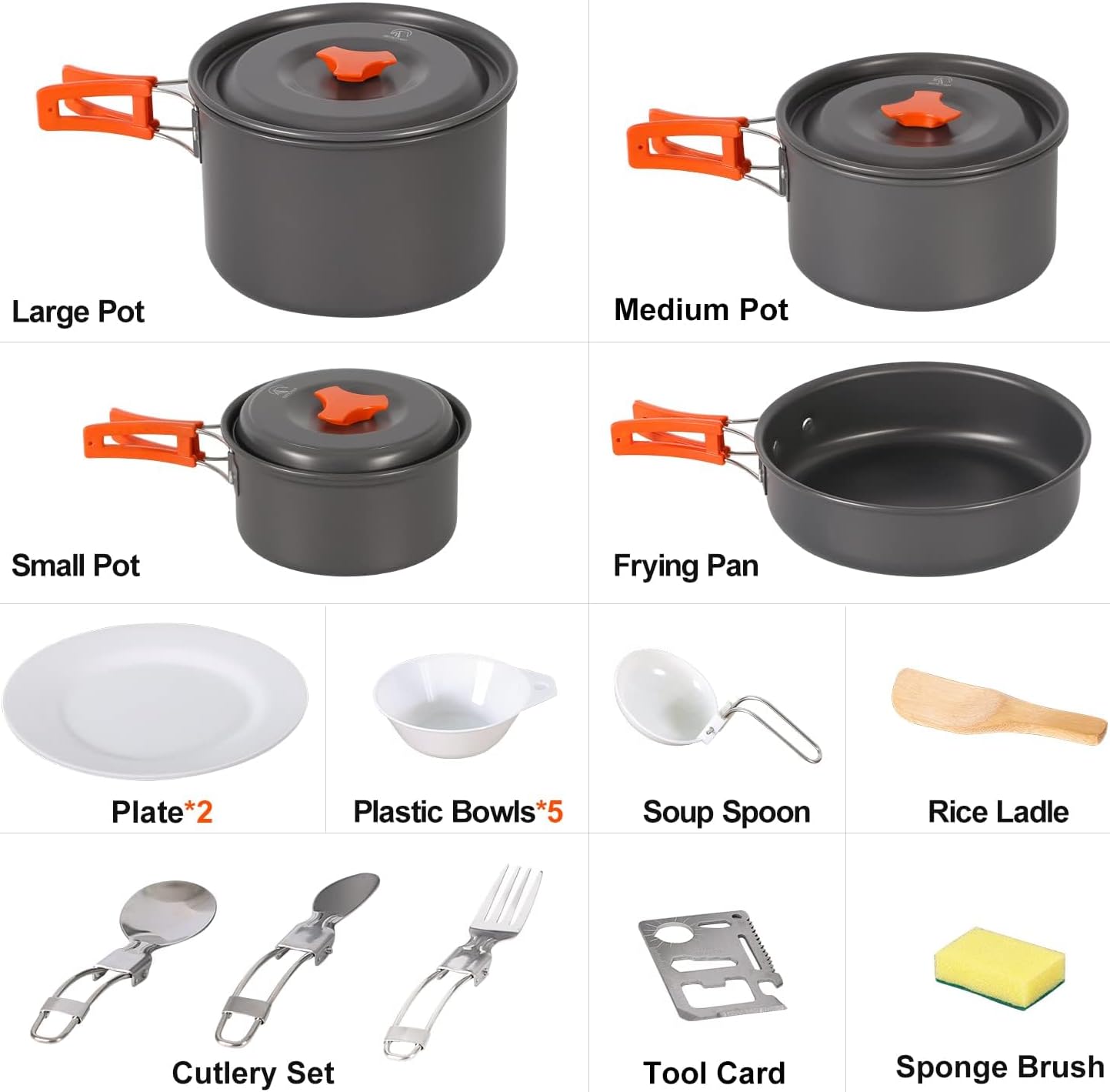 REDCAMP 6/10/11/12/14/15/19 PCS Camping Cookware Mess Kit Camping Gear Campfire Utensils Lightweight Stackable Pot Pan Bowls Soup Spoon with Storage Bag for Camping, Backpacking, Outdoor Cooking