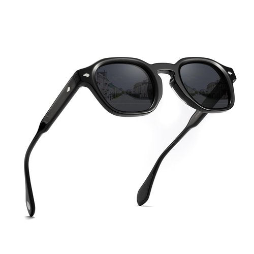 TACLOFT Athens Acetate Vintage Sunglasses for Men & Women - HD Polarized Lens with Anti-Reflective Green Coating, Medium Size Retro UV Protection & HD Clarity (C1 Black frame with Grey Lens)