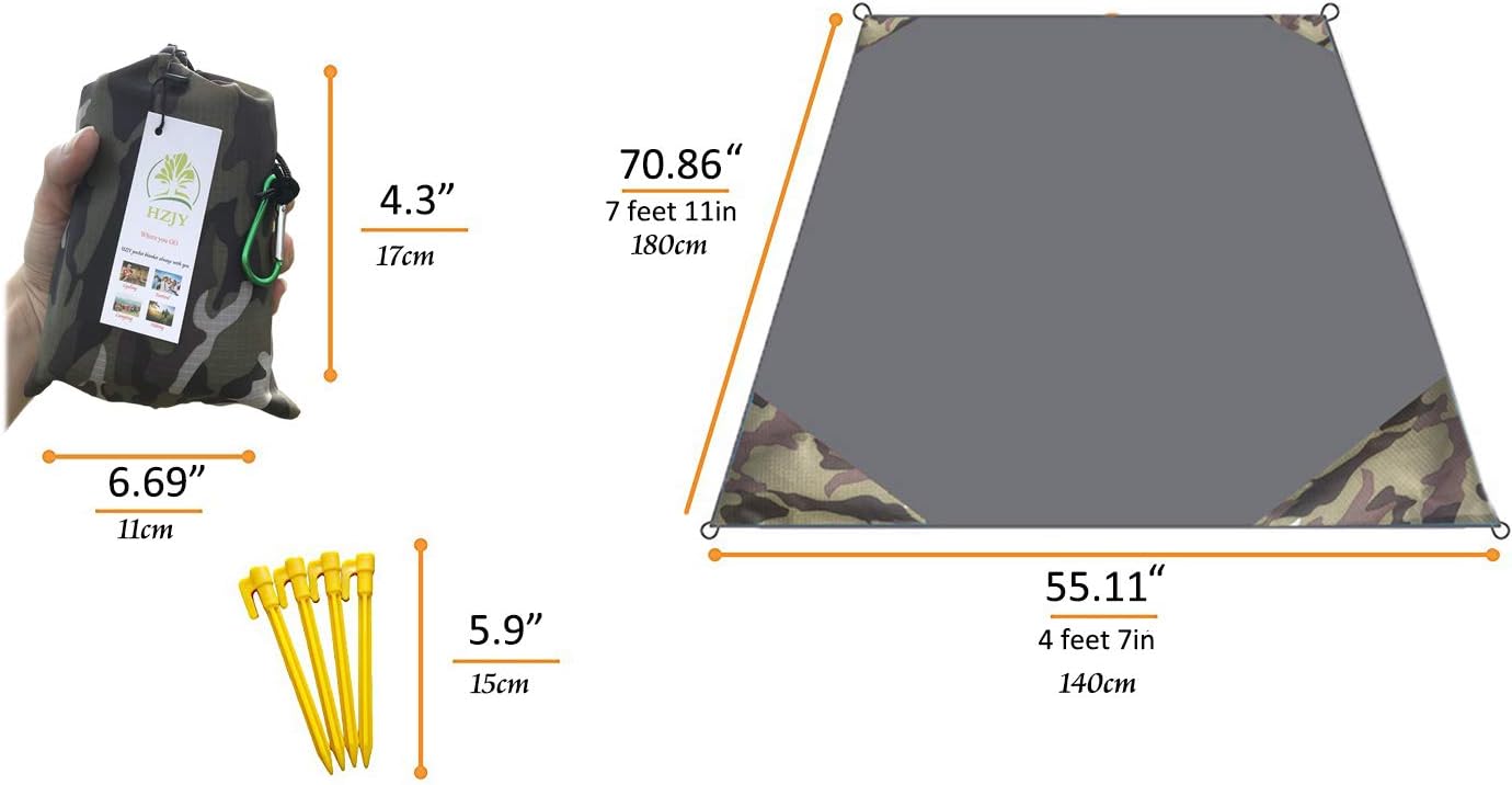 Outdoor Blanket (71" x 55") -Compact, Lightweight, Sand Proof Pocket Blanket Best Mat for The Beach, Hiking, Travel, Camping, Festivals with Pockets, Loops, Stakes, Carabiner