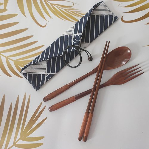 Wooden Cutlery Set Chopsticks Spoon Fork with Tied Line, Bamboo Outdoor Camping Travel Utensils Reusable Tableware Spoon for Eating with Cloth Bag (4 Pack)