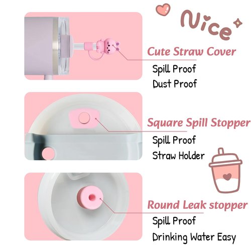 Cup Accessories Set For Stanley, Silicone Spill Stopper Set, Including 2 Cute Straw Cover Cap, 2 Square and Round Spill Stopper, 2 Cute Charms Chain (Pink A)