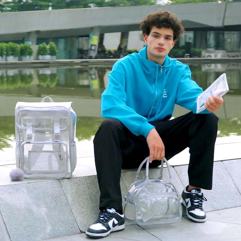 3PCS Clear Backpack, Heavy Duty Transparent Bookbag for Men Boys, Stadium Approved See Through Backpack Set (Grey)