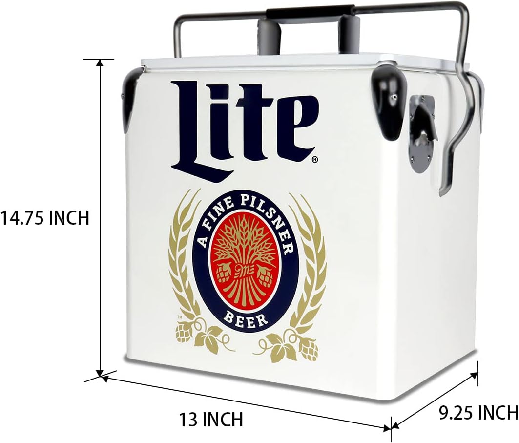 Miller Light Retro Ice Chest Cooler - Portable Ice Bucket with Bottle Opener, Vintage Style, Insulated for Camping, Beach, Picnic, RV, BBQs, Tailgating, Fishing, 18 Can Ice Box, 13L (14 qt)