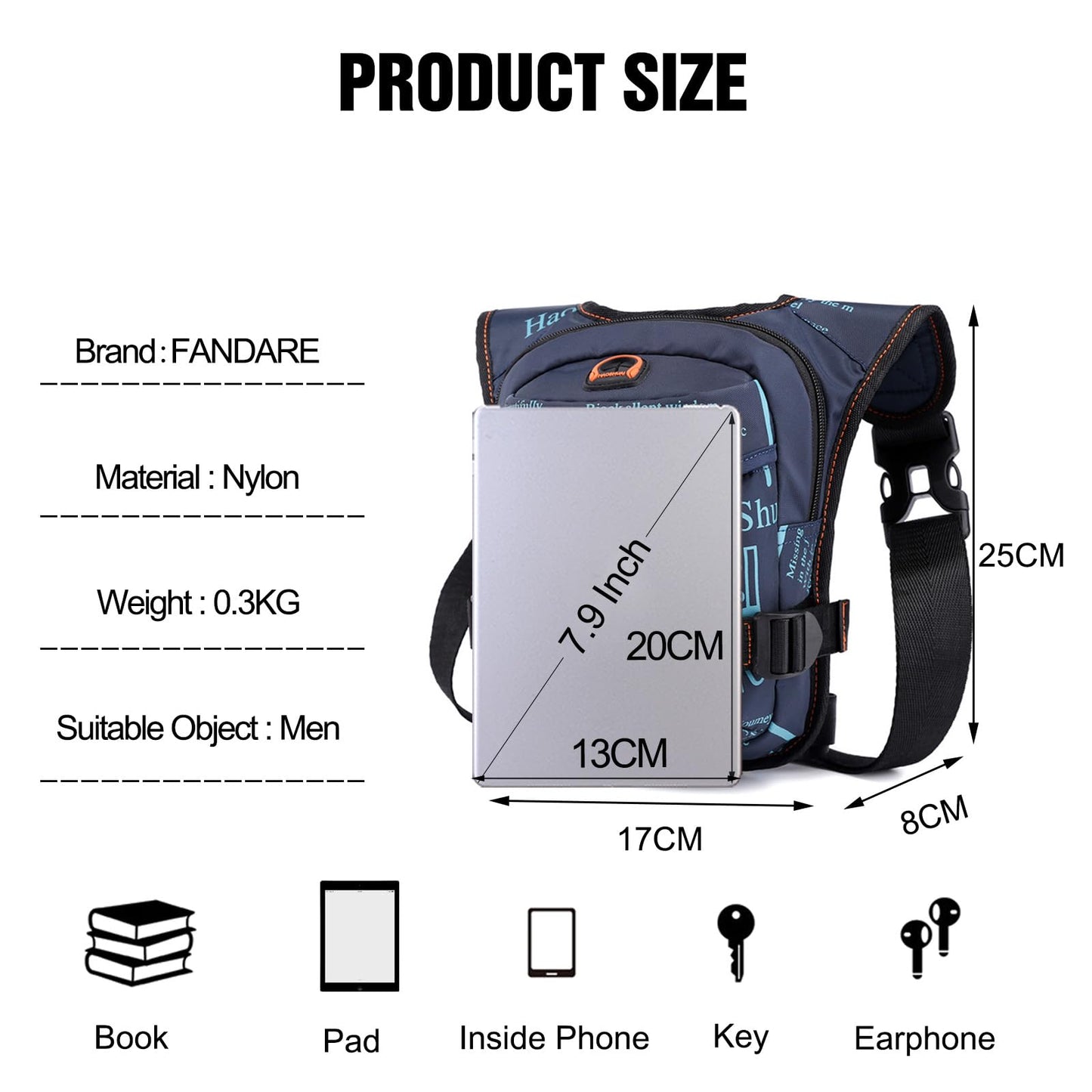 FANDARE Thigh Drop Leg Bag for Men Women with Leg Strap Waist Fanny Pack Bumbags Sling bag Motorcycle Chest Crossbody Cover Pack for Cycling Travel Outdoor Sport Gym Shoulder Bag Dark Blue