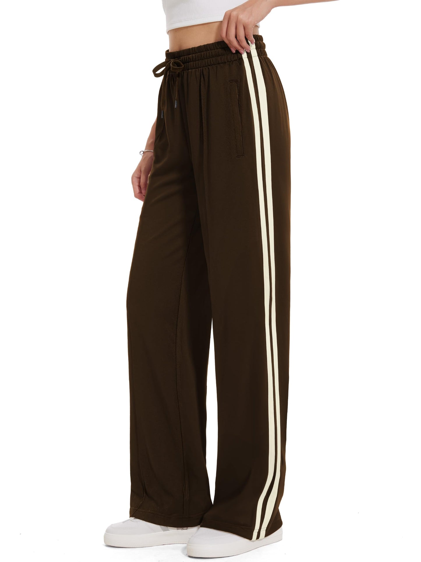 Tapata Petite Womens 28" Inseam Track Pants Relaxed Fit Striped Workout Sweatpants Baggy Trousers with Zipper Pockets, Brown, S