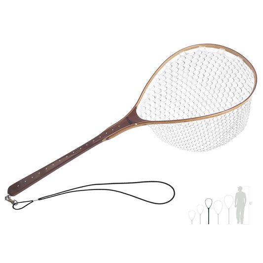 Riverruns Long Wooden Net Fly Fishing with Measuring Dots on Handle Soft Rubber Bag (Long Handle Wooden Net)
