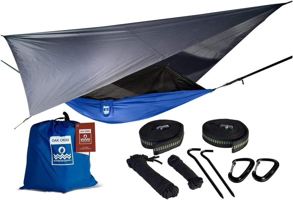 Oak Creek Lost Valley Camping Hammock. Bundle Includes Mosquito Net, Rain Fly, Tree Straps, Compression Sack. Weighs Four Pounds, Perfect for Camping. Lightweight Nylon Single Hammock. Blue and Gray