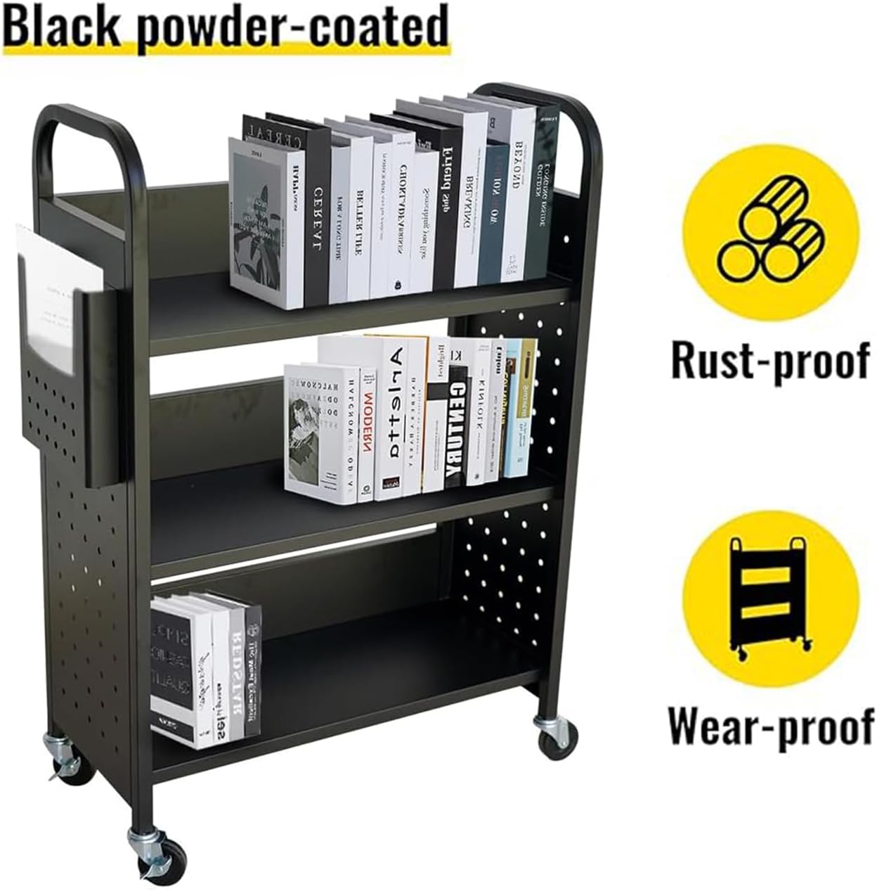 Rolling Book Cart, 300LBS Library Cart 30'' x 13'' x 46'' Rolling Bookshelf, 3 Tier Book Truck Single Sided V-Shaped Sloped Shelves with Lockable Wheels for Home Book Shelves,Offices Bookshelf Cart