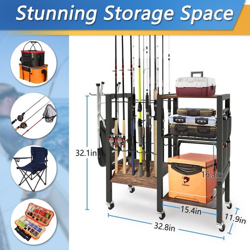 Dobures Fishing Rod Holder, 3-Tier Fishing Pole Rack, Fishing Equipment Organizer Tackle Storage Cart for Garage Organization, Holds up to 12 rods