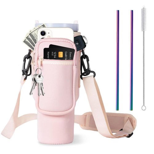 UKRIS Sport Water Bottle Bag with Adjsutable Strap Bottle Pouch Holder Sleeve for Stanley 40oz Tumbler with Handle for Men/Women Walking Hiking Camping Gym Pink