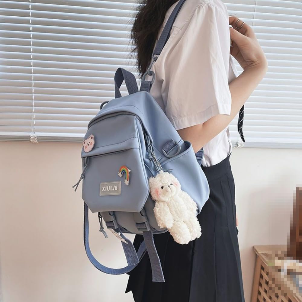 AlmondJoy Mini Backpack Aesthetic Backpack Cute Canvas Backpack Casual Travel Daypacks Solid Color (Bag Badge Bear,White)