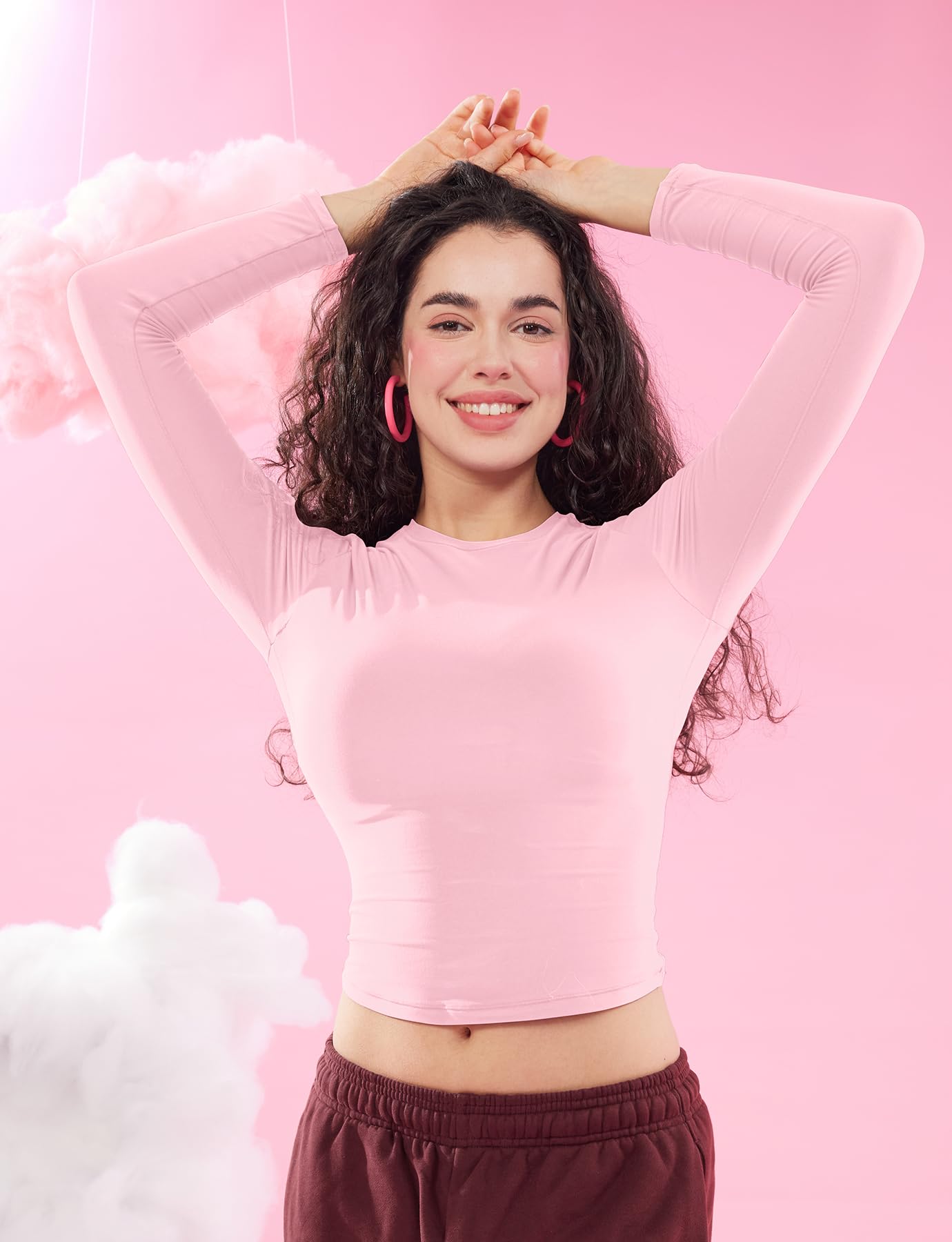 YEOREO Long Sleeve Shirts for Women y2k Tops Double Lined Basic Tee Crew Neck Going Out Sweeney Workout Undershirt Sakura Pink M