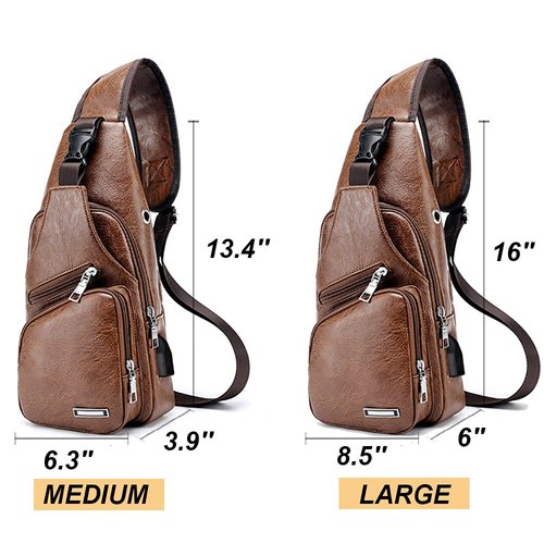 Peicees Pack of 2 Large&Medium Leather Sling Bag Mens Crossbody Bag Chest Bag Sling Backpack for Men with USB Charge Port, Classic Light Brown Large & Classic Light Brown Medium