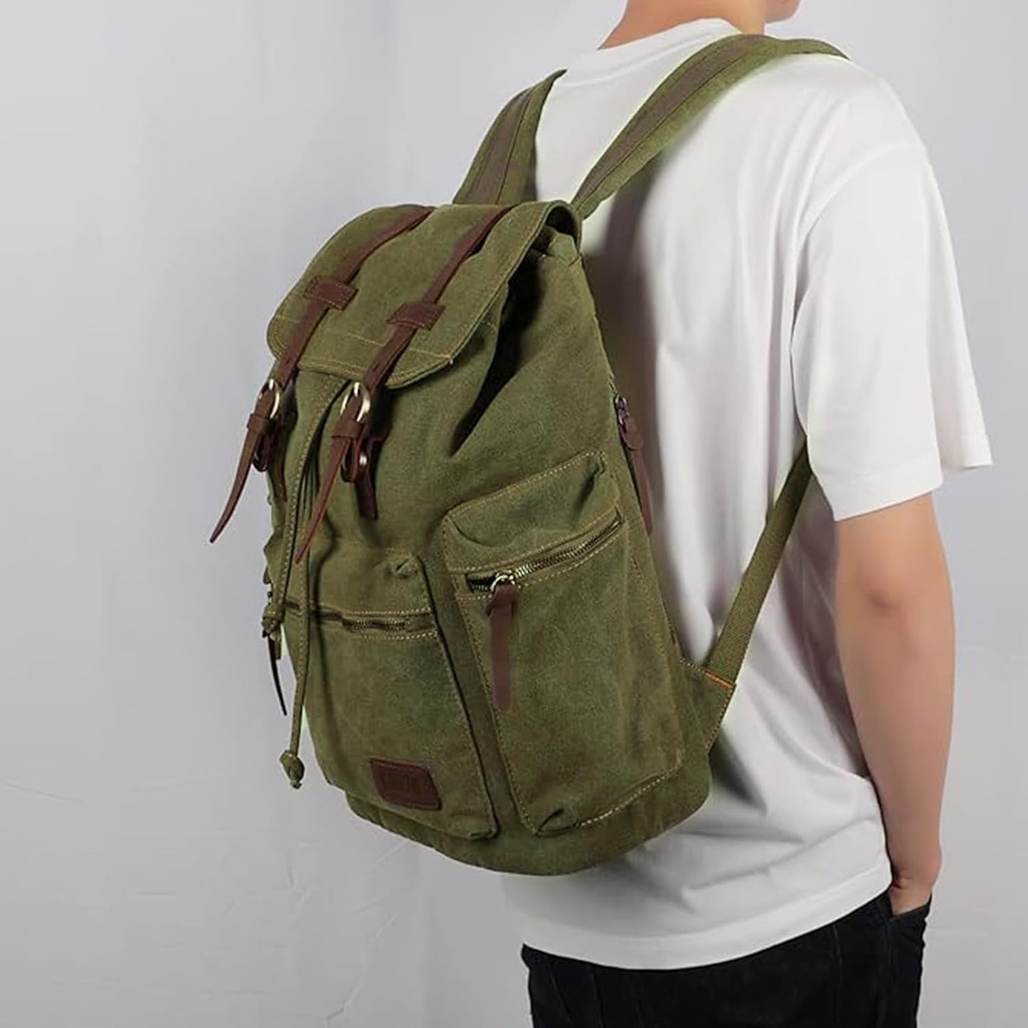 Vintage Leather Trim Backpack for Men & Women | Casual Travel Rucksack for Laptops