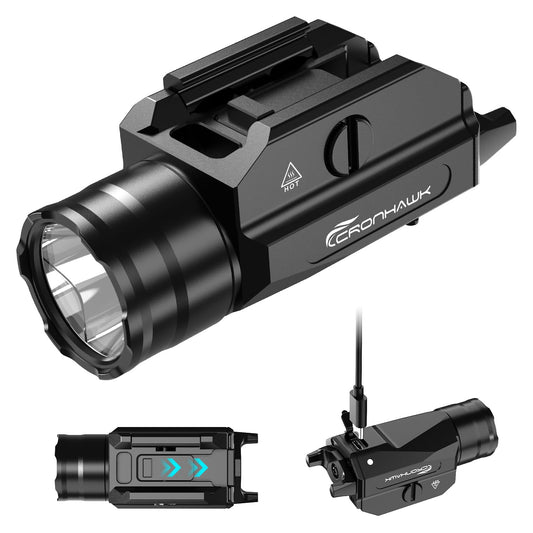 CRONHAWK Rechargeable Pistol Light, 1350 Lumen Rail Mounted Tactical Gun Flashlight with Strobe Function and Adjustable Rail Locating Key Fit 1913 Picatinny, Black