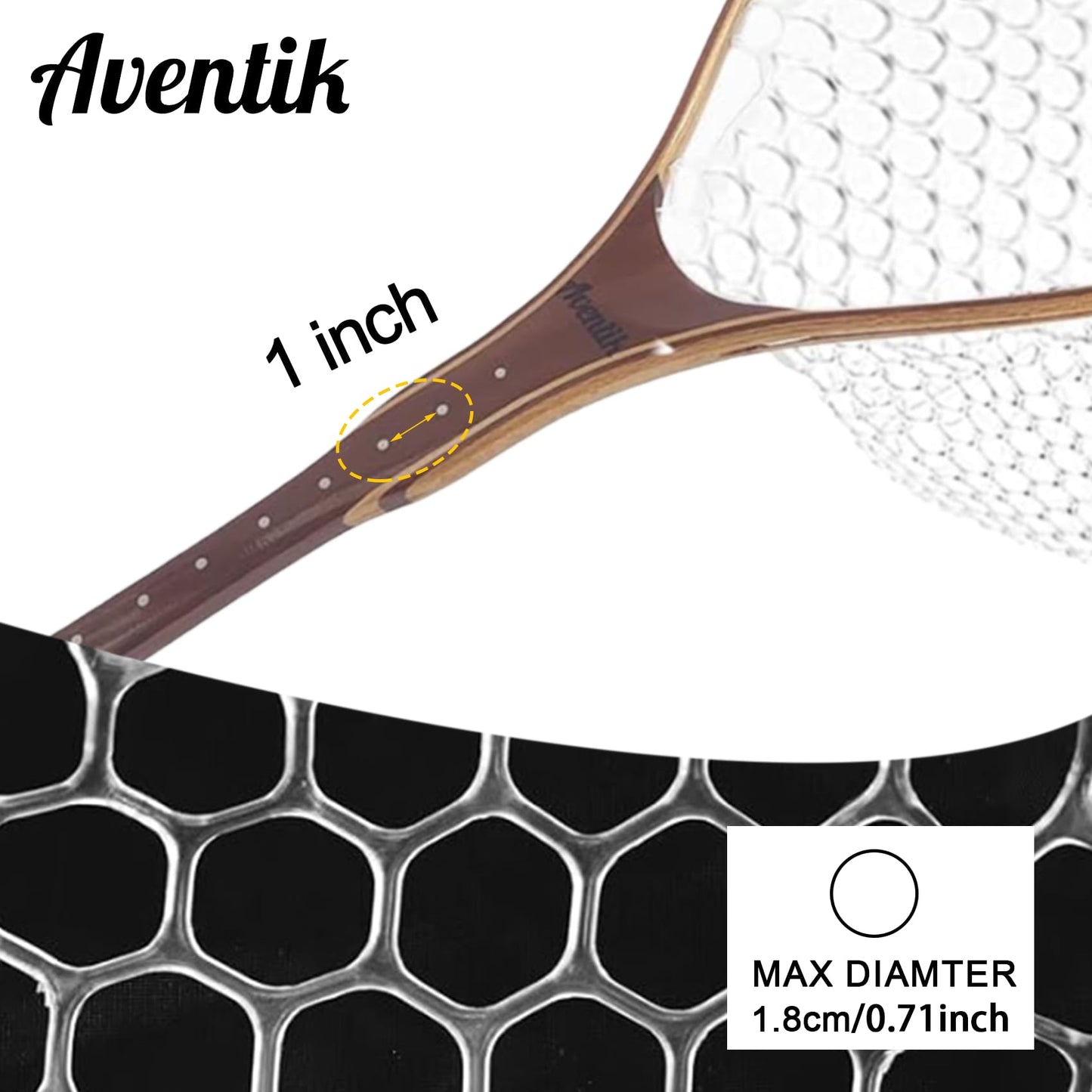 Aventik Fly Fishing Landing Trout Fishing Wooden Net with Magnet Release Soft Rubber Net Bag Catch & Release Great Protection for Fish (Long Handle/Small Hole with Magnet)