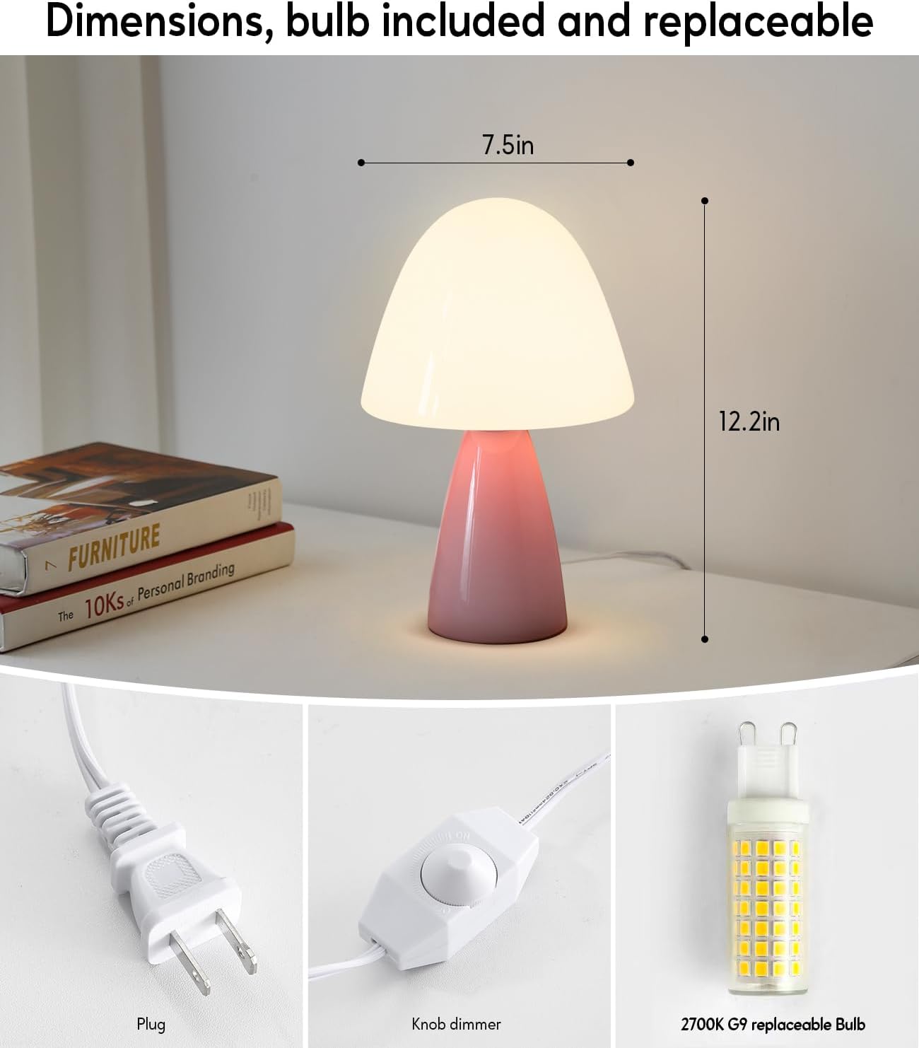 Glass Mushroom Lamp, Retro Dimmable Bulb Replaceable Desk Table Lamp for Bedroom Living Room Nightstand, Mid Century Modern Aesthetic Lamp (2700K 9W, White Glass Shade)