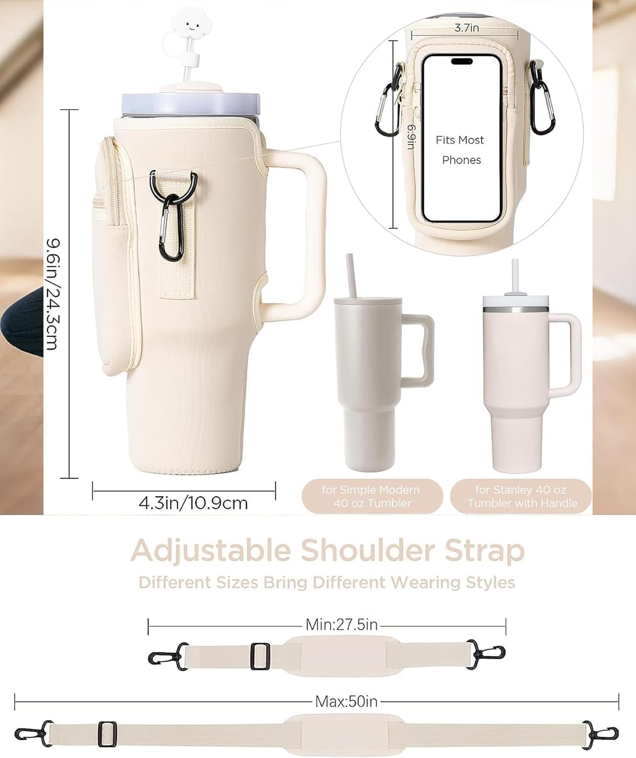 AFIAFTY Water Bottle Holder with Strap, Stanley Bag/Stanley Cup Holder with Strap for Stanley Quencher H2.0 40 oz, Tumbler Accessories with Coal Ball Pendant & Carabiner, Stanley Cup Accessories