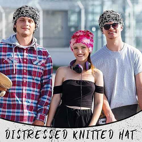 Ramede 2 Pcs Distressed Knitted Beanie Fuzzy Winter Hats Thick Warm Beanie Hats for Men Women Outdoor Knit Cap