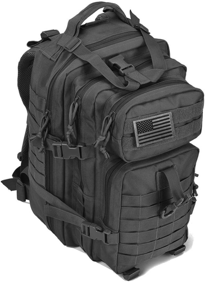 REEBOW GEAR Tactical Backpack Army Molle Military Style Assault Pack Bug Bag Backpacks 34L Daypack (With Flag Patch, Black)