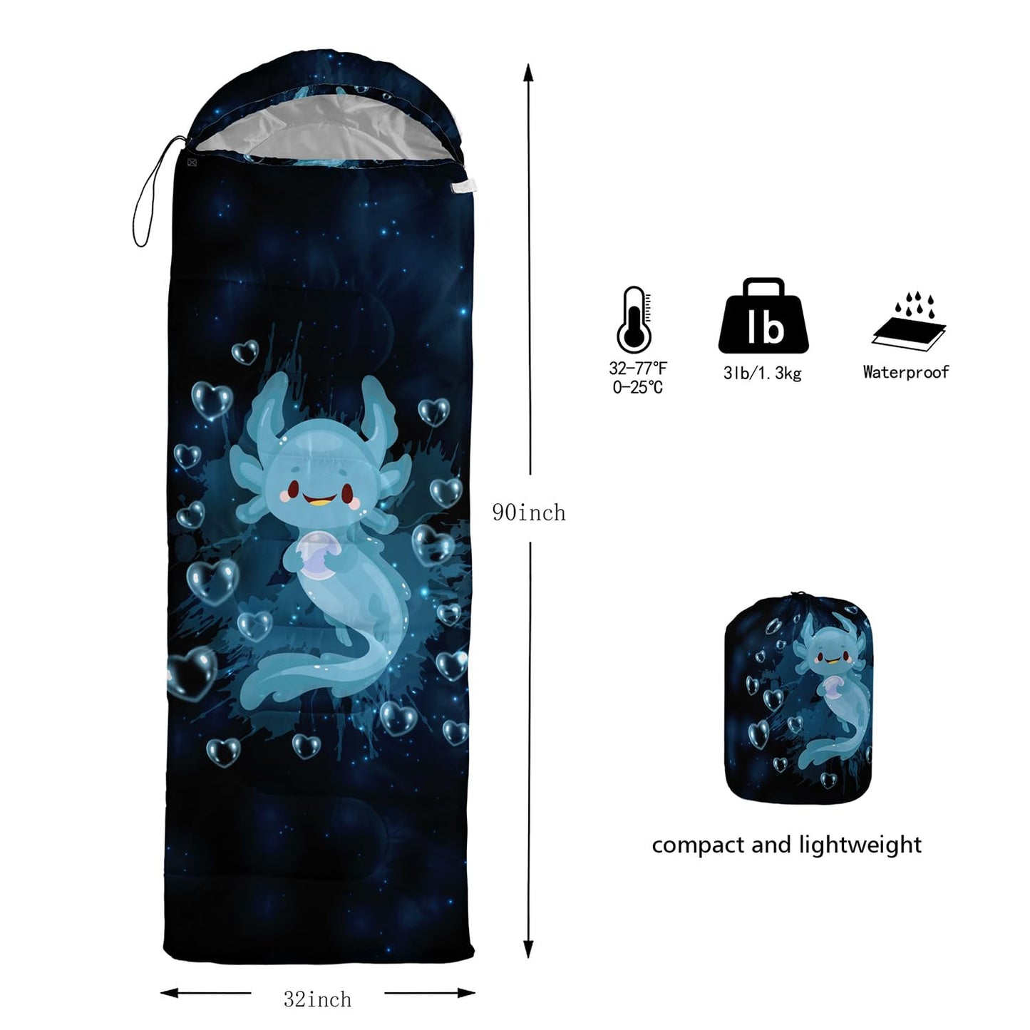 HOSIMA Blue Theme Kids Sleeping Bag Suitable for All Seasons,Dream Axolotl Compact Sleeping Bag for Camping Essentials,0 Degree Sleeping Bags for Adults is Suitable for Outdoor Hiking.