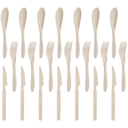 Forks Spoons Knife Set, 21 Pieces Wheat Straw Cutlery Set, Reusable Utensil Set for 7, Unbreakable and Lightweight Utensils for Party, Travel, Work, Lunch, Picnic, Camping or Daily Use (Beige)