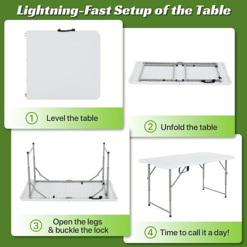 GINMAON 4Ft Foldable Table Adjustable Height with Built-in Handle, 4 Foot Heavy Duty Portable Folding Table with Steel Legs for Indoor Outdoor Camping, Parties, Wedding, Picnic, Catering (4ft, White)