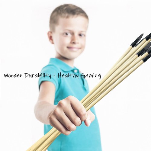 Basbon 16 Pcs Wooden Feather Arrows Soft Rubber Tips, 17 Inch Handmade Wooden Toy Arrow for Kids and Beginners, Archery Bows Outdoor Play Cosplay Costume Decoration