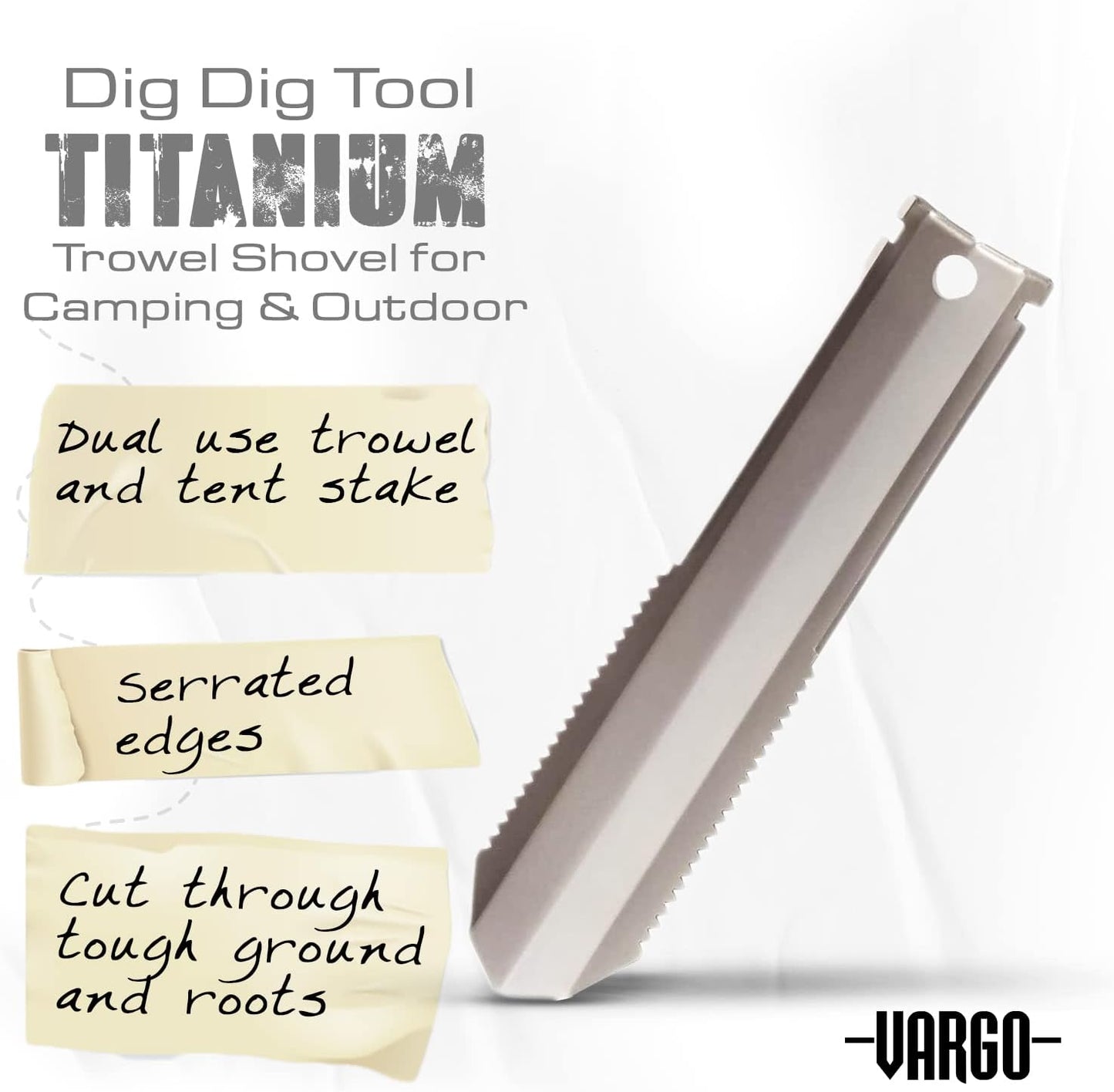 Vargo Titanium Dig Dig Tool | Compact Backpacking Trowel Shovel for Camping & Outdoor Activities | Light Weight Essential Multi Tool Shovel & Tent Stake for Hikers & Outdoor Survivors