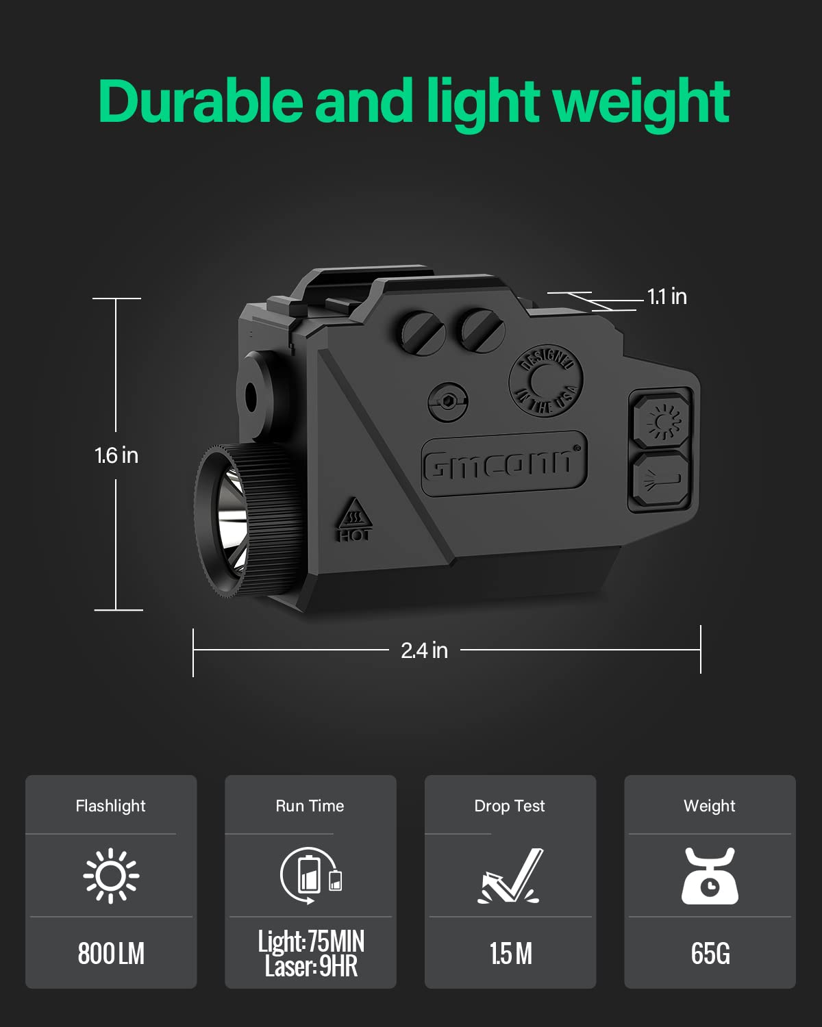 Gmconn Gun Light Red Laser Sight Weapon Pistol Flashlight, 800 Lumen LED Flashlight with Red Beam for Glock