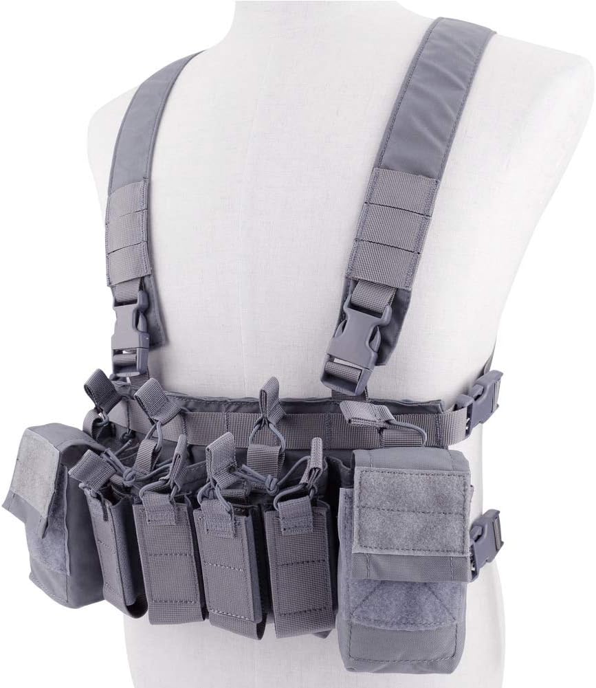 Tactical Chest Vest Rig Adjustable X Harness with 5.56 9mm Rifle Mag Pouches for Airsoft Shooting Wargame Paintball
