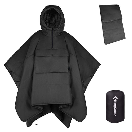 KingCamp Camping Blanket Poncho, Wearable Honcho Hoodie Reversible Cape Windproof Water-Repellent Recycled Ponchos with Snap Buttons for Outdoor Hiking Stadium Travel Black, 66" x 48"