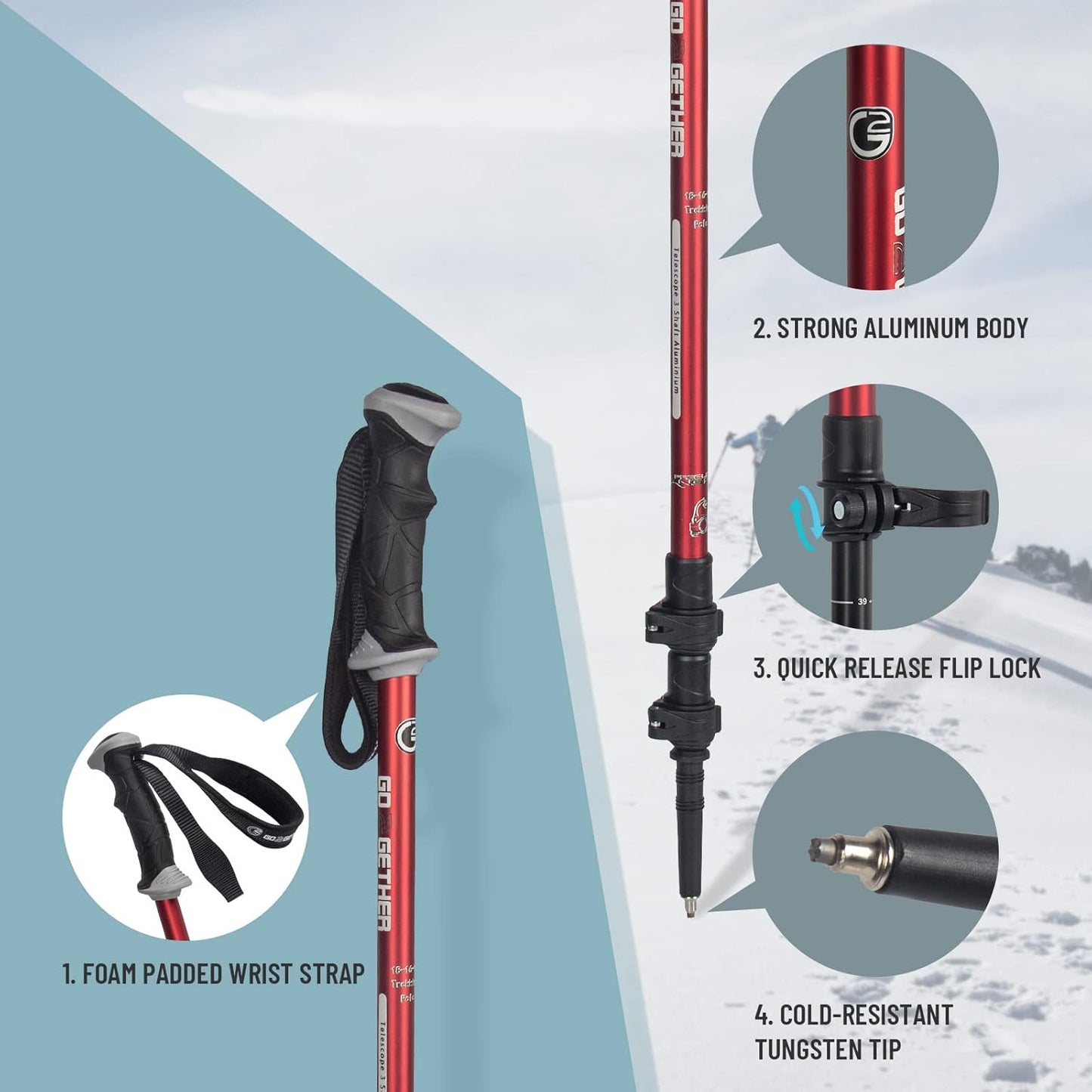 Aluminum Trekking Poles - Quick Adjustable Locks, Comfort Handle, Padded Strap, Snow Baskets - Walking Sticks Suitable for Hiking, Walking