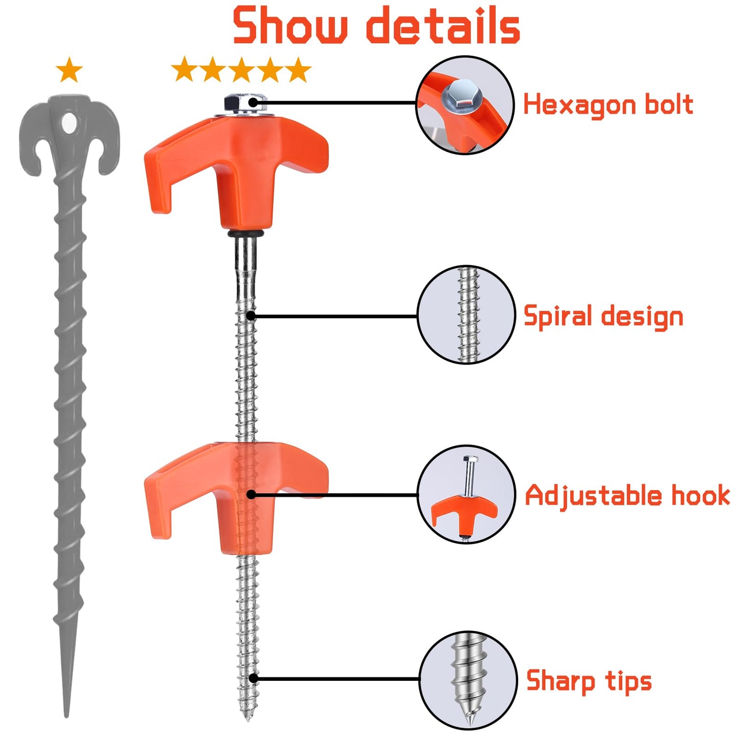 8" Screw in Tent Stakes - Ground Anchors Screw in, Camping Tent Accessories, Metal Threaded Tent Spikes, Tent Stakes for Outdoor Camping,Y-Shaped 3 Way Wrench (9)