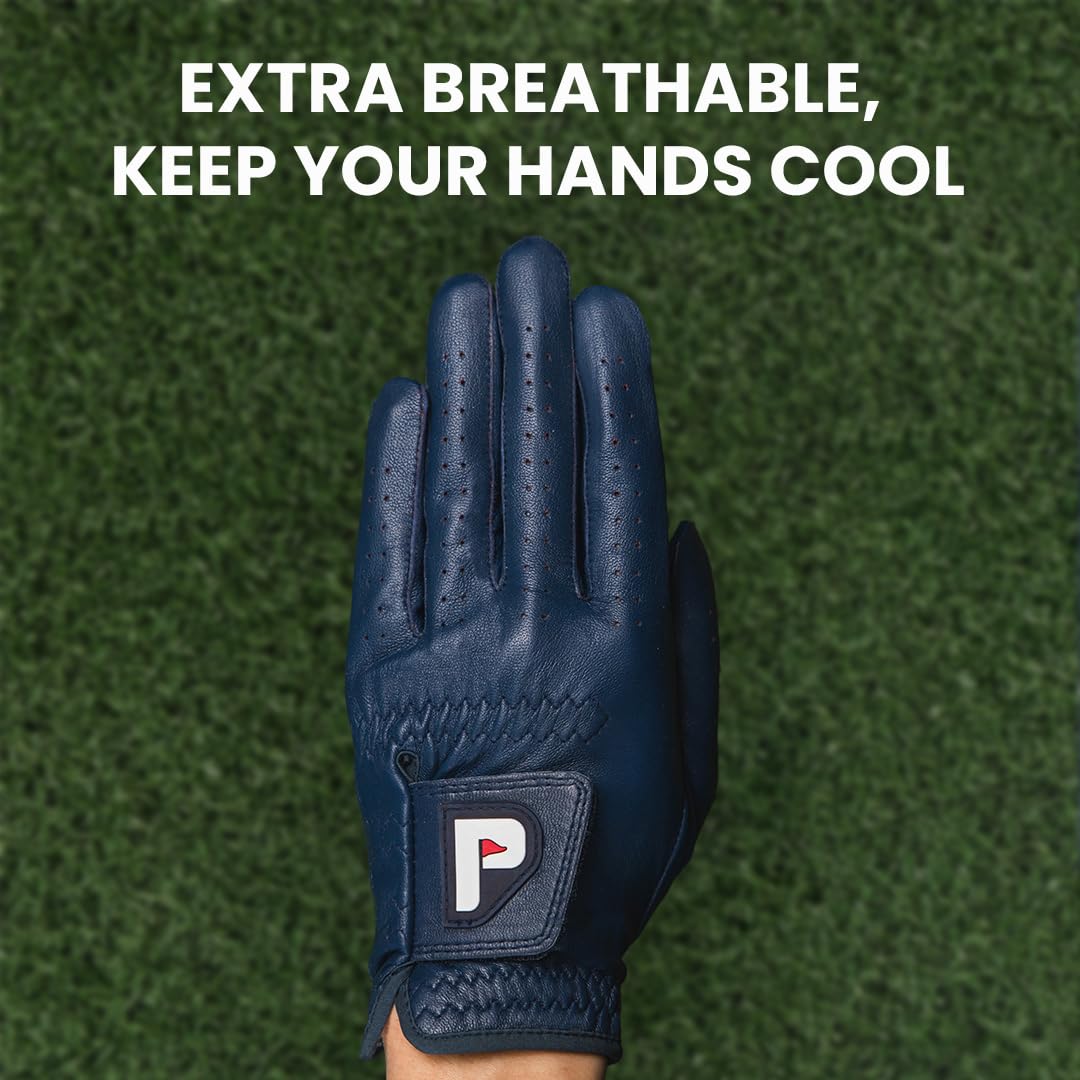 Men's Golf Glove - Genuine High Performance Cabretta Leather - Individual Red Blue and White - Putting Ball Marker Included - Glove for Right Handed and Left Handed Golfer (Single Pack)