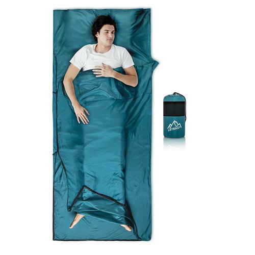 Sleeping Bag Liner,14oz Ultralight Self Tan Sleep Sack with 2 Way Zipper, Expose Feet Separately, Adult Sleep Sack & Travel Sheets for Camping, Hiking, Traveling Backpacking,Hotel (Blue)