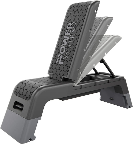 Power Systems Step Bench & Weight Bench | Aerobic Platform & Plyo Box for Cardio, Strength | Commercial Grade Full Body Home Gym Stepper | Adjustable Multifunctional Deck & Resistance Band Clips