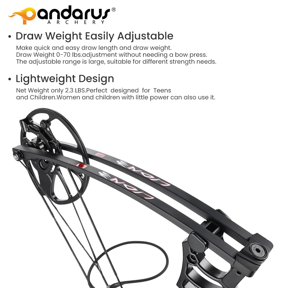 PANDARUS Archery Ready to Hunt Compound Bow Package for Adults and Teens,25"-31" Draw Length,0-70 Lbs Adjustable,up to 320 fps,Made in USA,Lightweight Design,2025 New(Black Right Handed Pro)