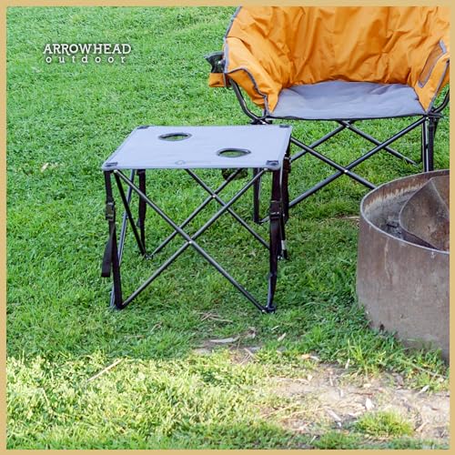 Portable Camping Folding Table - 26 Inch Square with 2 Cup Holders, Steel Frame, Grey