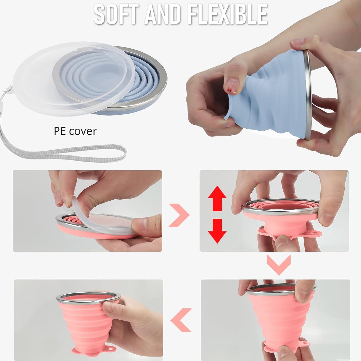 JBER Silicone Collapsible Travel Cup, 4 Pack Silicone Folding Camping Cup with Lids Expandable Drinking Cup Set BPA Free Reusable Portable Graduated for Outdoor Hiking Travel