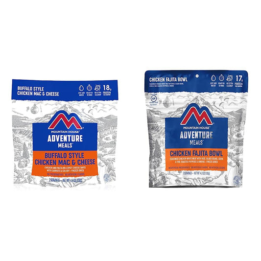Mountain House Buffalo Chicken Mac & Cheese + Chicken Fajita Bowl Freeze Dried Backpacking Meals (2 Servings Each)