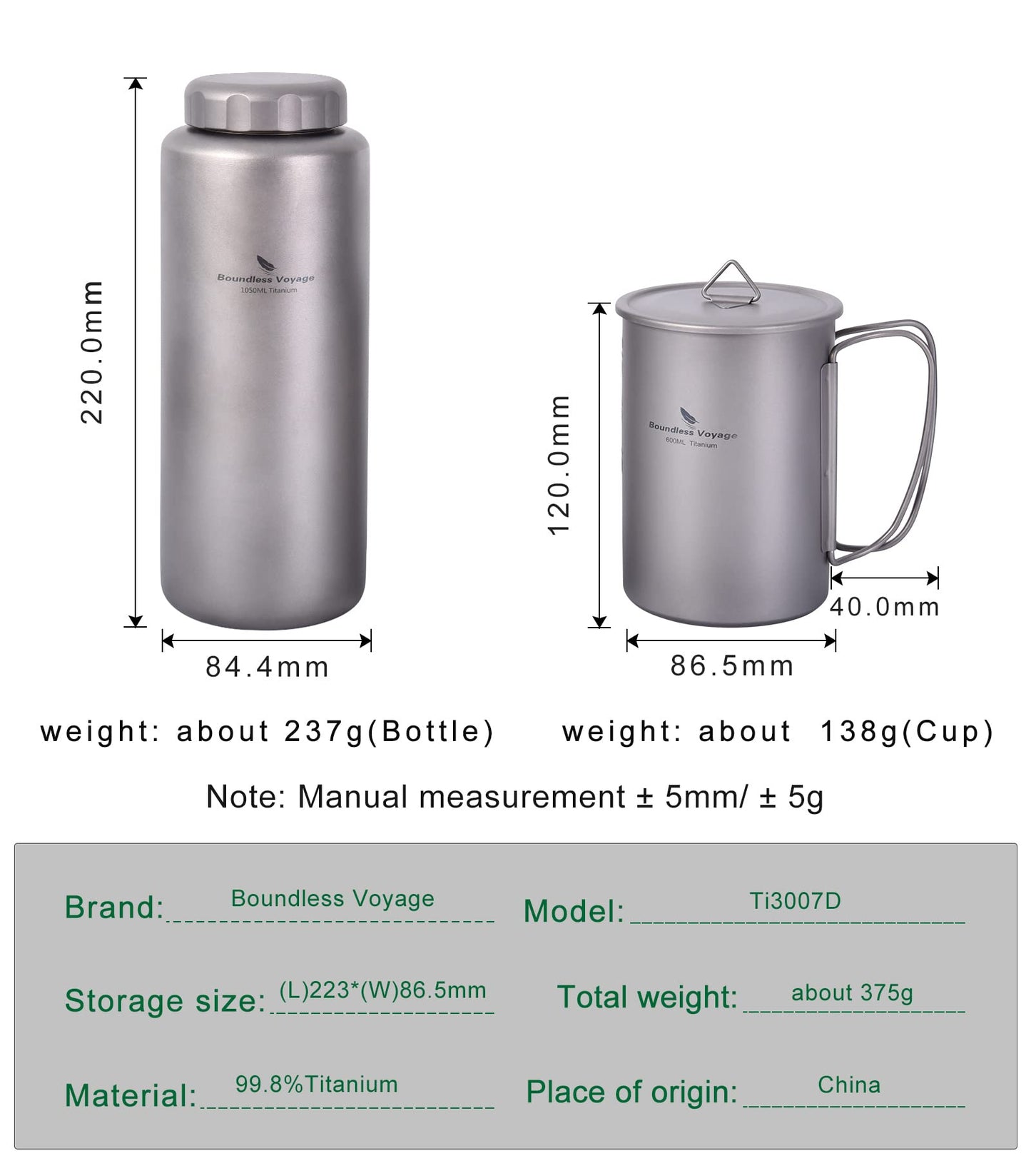 iBasingo 1050ml Titanium Bottle with 600ml Nesting Cup Outdoor Camping Single Layer Wide Mouth Cookware Lightweight Portable Bottle Mug Set Hiking Picnic Solo Cooking Mess Kit Ti3007D