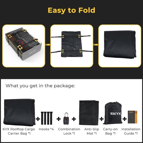 KYX Car Roof Bag Cargo Carrier –15 Cubic Feet Waterproof Roof Top Luggage Bag for All Cars with/Without Racks, Double Rain Curtain, Anti-Slip Mat