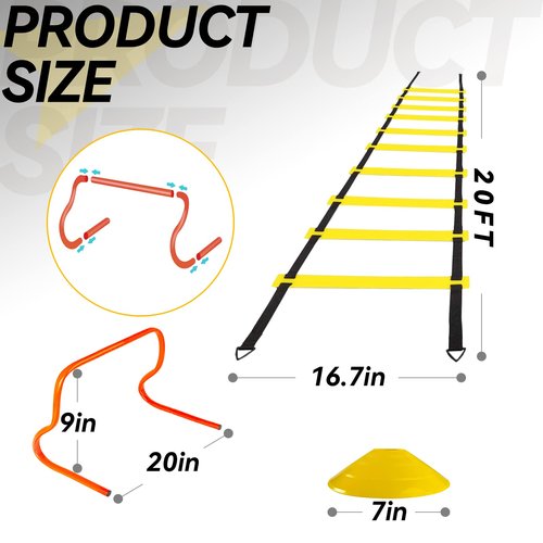 MKSY Agility Ladder Speed Training Equipment Set, Includes 20ft Agility Ladder, Parachute, 4 Agility Hurdles, 12 Disc Cones, 1 Jump Rope, 4 Stakes & 5 Bands for Basketball Soccer Training