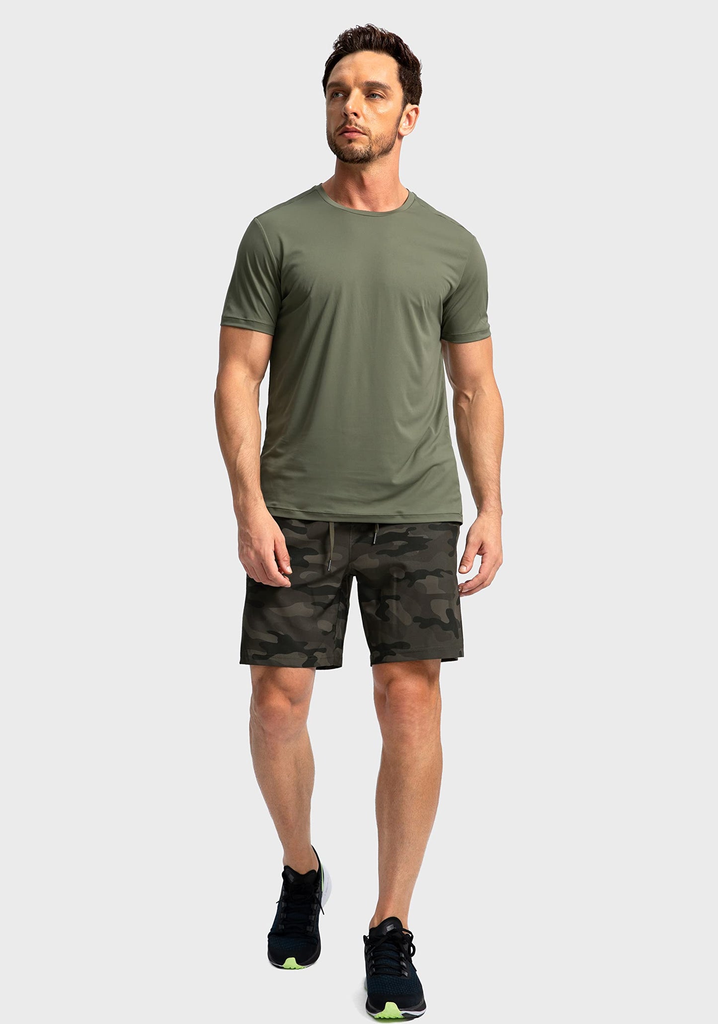 Soothfeel Men's Running Shorts with Zipper Pockets 7 Inch Lightweight Quick Dry Gym Athletic Workout Shorts for Men (Green Camo, XS)