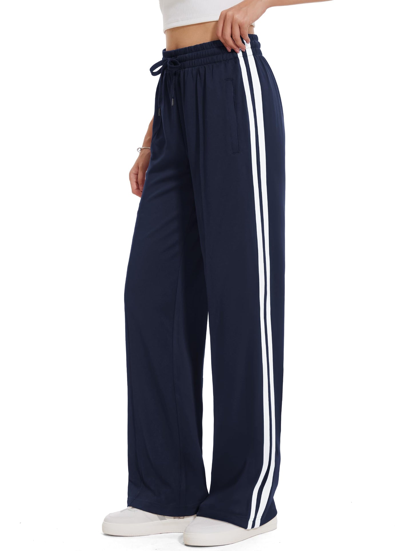 Tapata Extra Tall Woman 36" Inseam Stripes Sweat Pant High Waisted Drawstring Gym Exercise Lounge Joggers, Navy Blue, M