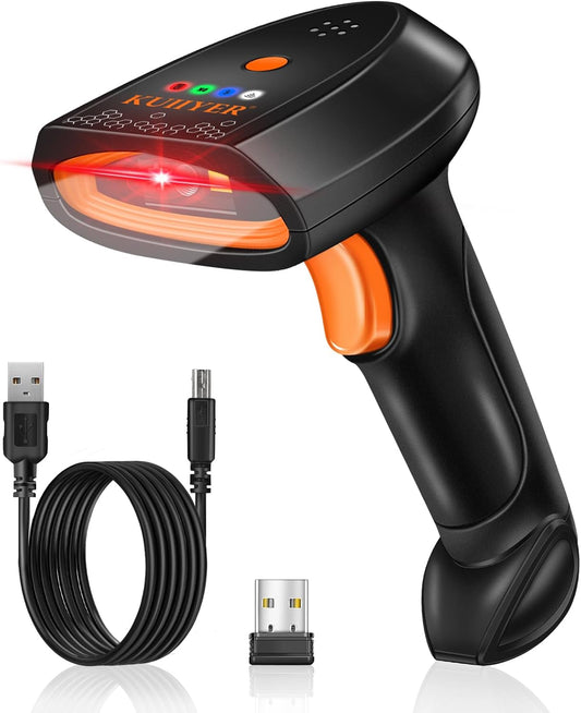 KUIIYER Bluetooth Barcode Scanner, Wireless 2D QR 1D Bar Code Scanners with LED Lights Display & AI Voice, Plug & Play Handheld Barcode Reader for iPhone, Android, iPad, Tablet, PC Computers & POS