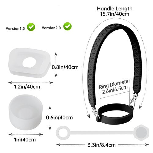 NiHome Silicone Water Bottle Handle with Anti-Spill Stopper Kit - Compatible with Stanley 1.0 & 2.0, Fits 2.7-5.12 Inch Diameter for Easy Carrying On-The-Go (Black)